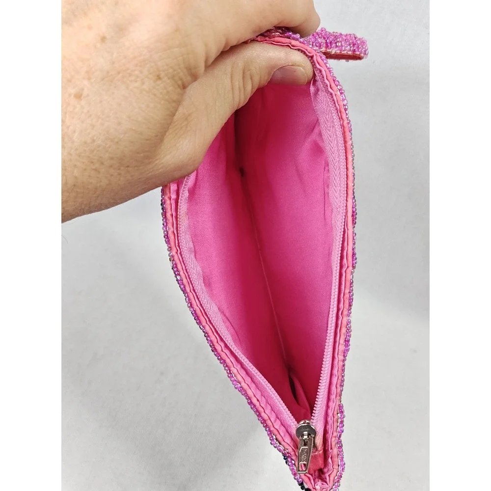 Vintage Pink Black Concentric Circle Seed Beaded Wristlet Clutch Evening Bag